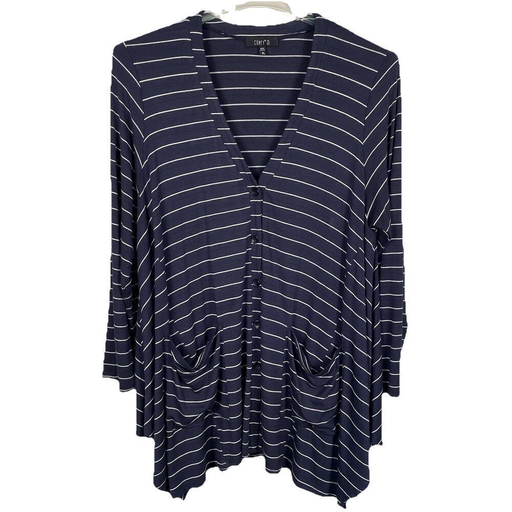 Comfy USA Cardigan Sweater Womens XL Blue Stripe Nautical Coastal Laganlook Soft